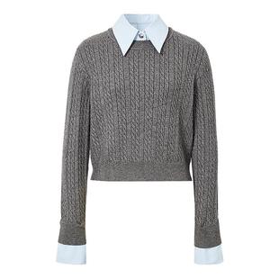 红袖冬季新款女装学院风绞花拼接衬衫领套头针织