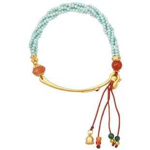 凤回首绿松石手链古法纯银鎏金国风新中式手工编织小米珠珠银手链