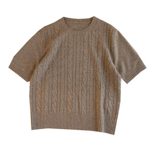 高端老钱风OL通勤商务休闲LP绞花圆领套头短袖羊毛衫上衣纯色女秋