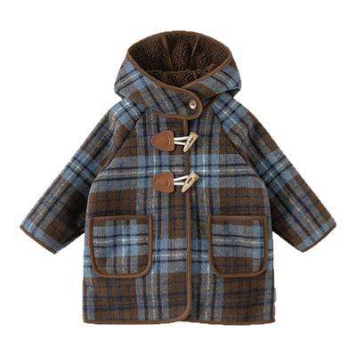 贝贝城格子牛角扣连帽呢大衣
