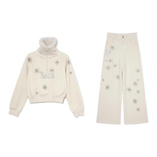 TCH加绒烫钻小雏菊毛毛领半拉链上衣女宽松休闲裤套装T78A07E1046