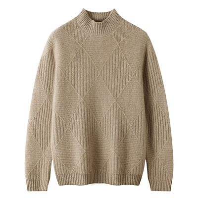 秋冬半高领菱形宽松针织衫