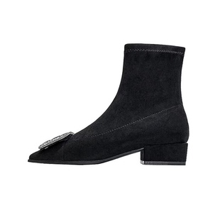 增高方头短靴女2025新款方扣水钻弹力袜靴子低跟粗跟绒面瘦瘦靴