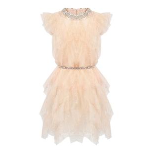 CEE CUBED薄荷绿重工轻纱小礼服千层荷叶边无袖连衣裙