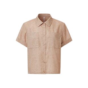 VGRASS维格娜丝夏新款天丝亚麻棉混纺双面印花女士翻领短款衬衫