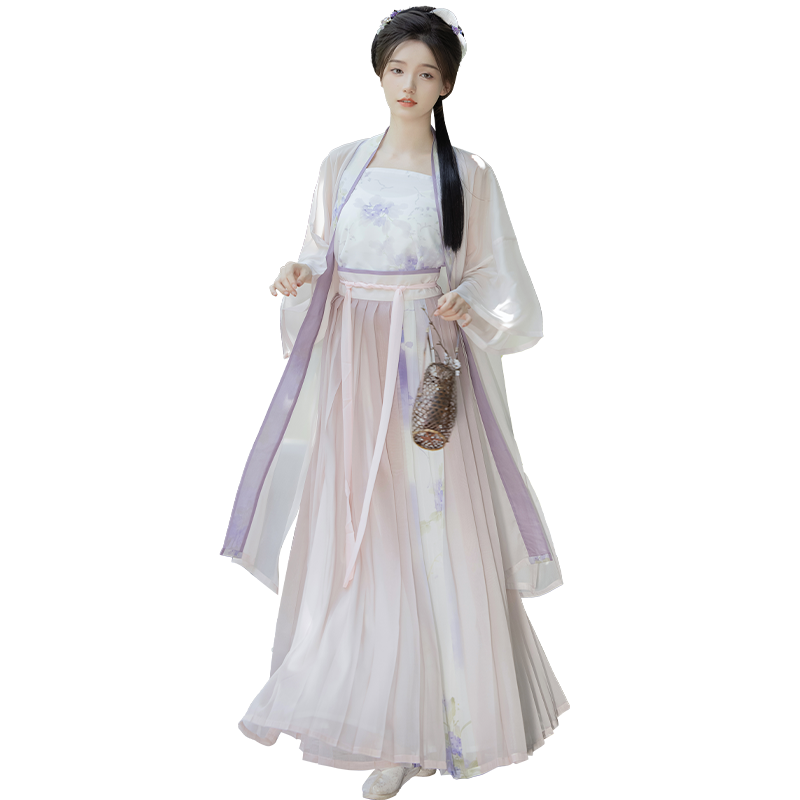 墨子研紫竹宋制汉服女长干寺半袖对襟长褙子百褶裙吊带春秋夏季