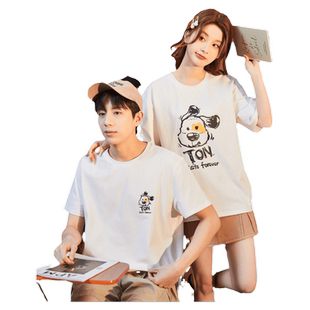 唐狮情侣装短袖t恤男夏季新款可爱小狗涂鸦印花宽松女T恤打底
