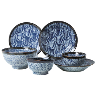 小鹿田烧 青海波日本进口陶瓷日式餐具碗菜盘碟套装家用创意网红