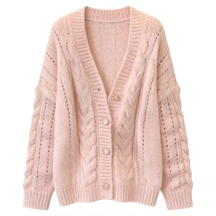 甜美色淡粉温柔风开衫宽松减龄针织上衣外套穿