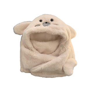 可爱小海豹毛绒帽子围脖一体女冬季加绒加厚保暖防寒护耳雷锋帽子