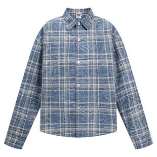 复古蓝色格子衬衫男女秋季高级感痞帅长袖衬衣宽松百搭情侣外套bf