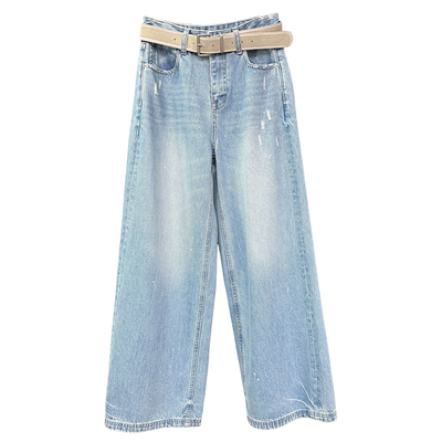 N货！破洞亮片中高腰牛仔阔腿裤