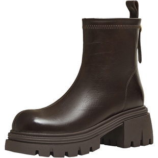 天美意厚底增高弹力靴加绒切尔西短靴女骑士靴长靴时装靴2025新款