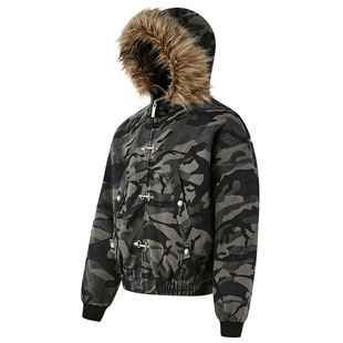 PASET重磅复古幽灵迷彩外套座山雕加厚保暖帆布飞机扣毛领夹克冬