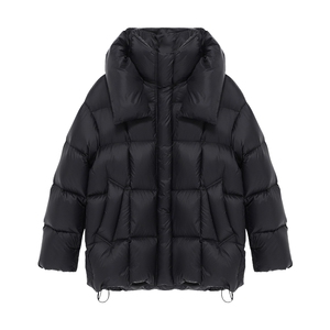 Basic House/百家好连帽白鸭绒方格外套冬季保暖黑色立领羽绒服女