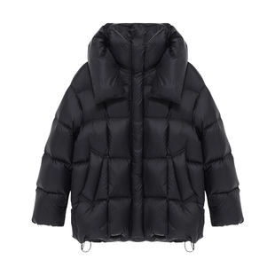 Basic House/百家好连帽白鸭绒方格外套冬季保暖黑色立领羽绒服女