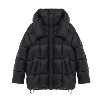 Basic House/百家好连帽白鸭绒方格外套冬季保暖黑色立领羽绒服女