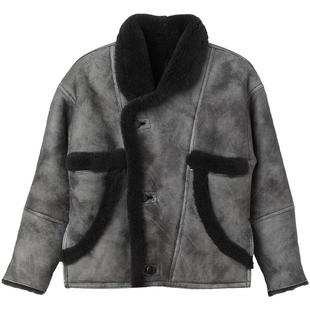 SANDRO Outlets秋冬款女装法式时尚绒感边饰设计灰色毛革外套