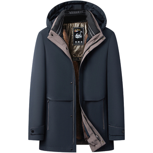 鸭鸭中老年鹅绒服男加绒加厚爸爸装活里活面羽绒服中长款鹅绒外套