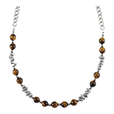 GuangYu虎睛石拼接碎银复古项链