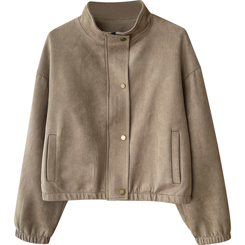 日韩系复古简约鹿皮绒磨毛外套女秋休闲洋气百搭立领飞行夹克上衣