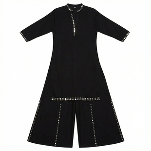 印度进口传统服饰女装2件套中长款绵绸黑色银色亮片立领显瘦套装