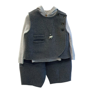 儿童双面羊毛呢子马甲三件套新年装加绒男女童宝连帽毛衣裤子套装