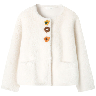 慕兔法式小香风皮毛一体短外套女2025冬季新款小个子立体花朵上衣