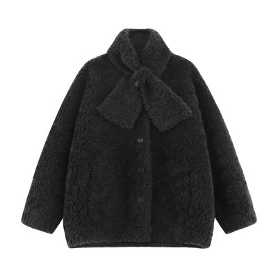 时髦圆领围巾廓形毛毛外套