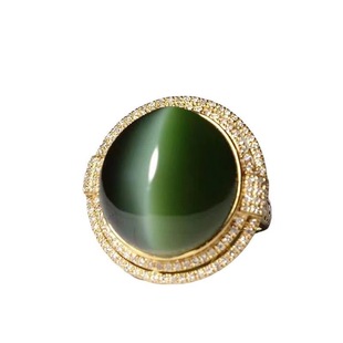 S925银镶嵌和田玉碧玉猫眼石戒指女高贵复古典雅奢华开口指环