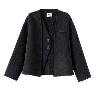 晚白2025秋冬新款老钱风气质黑色小个子外套短款羊毛毛呢大衣女