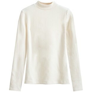 德绒打底衫女秋冬白色内搭加绒加厚小立领长袖t恤半高领修身上衣