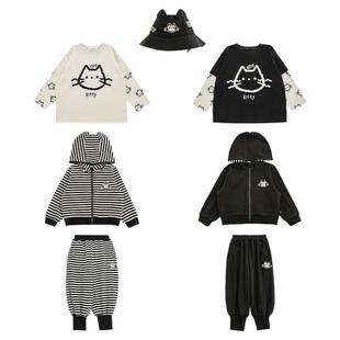 幼悠女童 喵星系列春季童趣可爱连帽外套卡通印花假两件T恤多件套