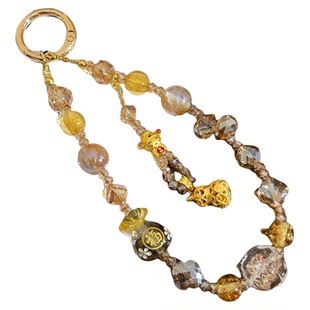 新中式财神爷手机链招财沙金镂空葫芦吊坠挂链水晶福袋金色串珠手腕链条高级贵气手链女精致钥匙包挂件腕带壳