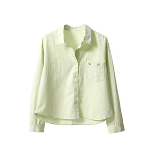 搭配阔腿裤巨显高好看果绿色短款口袋衬衫女春季新款宽松时尚衬衣