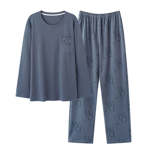 芬腾可安睡衣男款男士春秋季高级感纯棉布料100全棉蓝色家居服冬