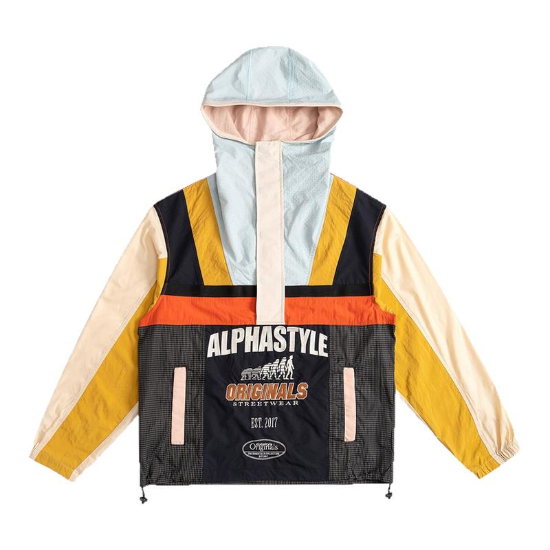 AlphaStyle秋季连帽拼接多色刺绣冲锋衣卫衣户外运动时尚宽松男女