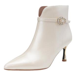 KISSCAT接吻猫2025冬季尖头细高跟羊皮时装靴及裸靴气质女短靴子