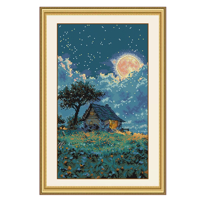 月夜乡村小屋十字绣竖版田园风景