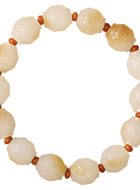 和田玉且末糖白玉莲花灯笼珠手串