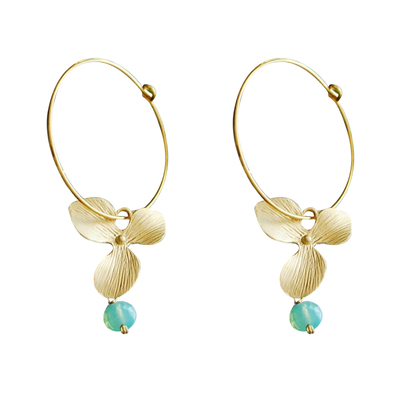 兰花绿水滴耳环时尚复古气质进口14k包金耳圈新款潮耳饰女