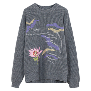 NancyCavally专柜款高品质纯羊毛 灵动艺术感向日葵刺绣针织毛衣