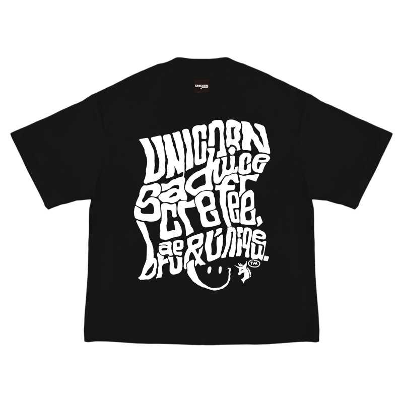 JuiceUnicorn 2025夏重磅纯棉落肩短袖男女潮酷标语笑脸印花美式T