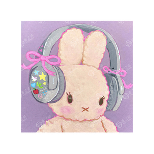 波普风粉色戴耳机的兔子客餐厅装饰摆挂画定制替换内芯画布自粘
