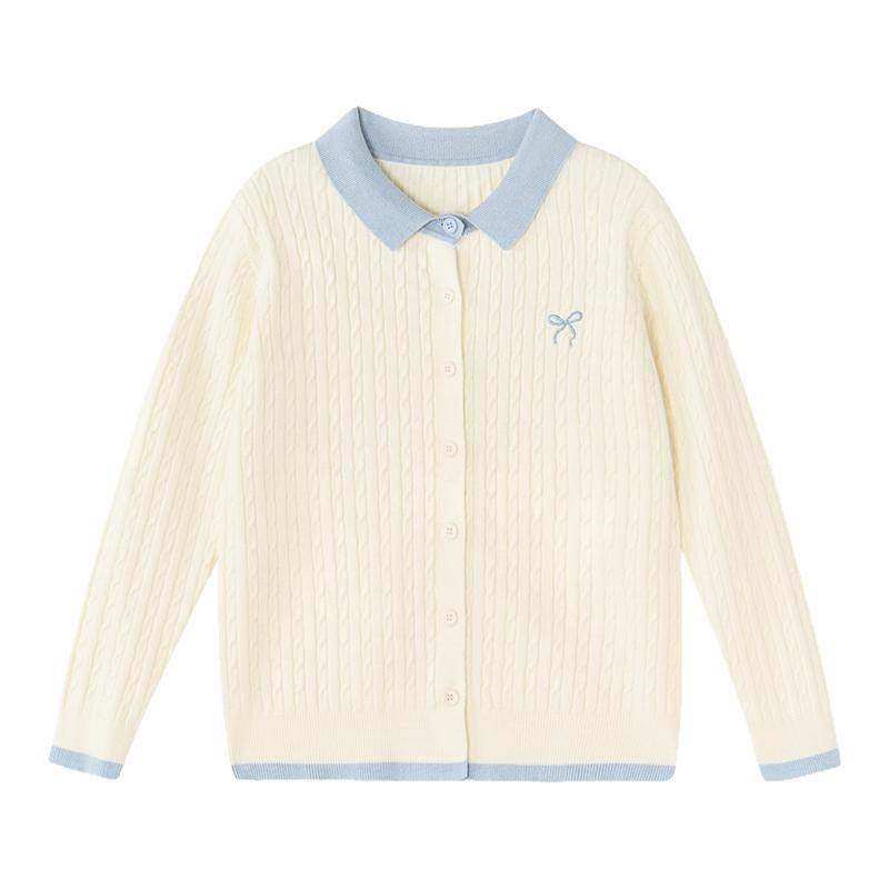 笛莎官方旗舰童装女童针织开衫春装新款女孩毛衣儿童翻领撞色外套