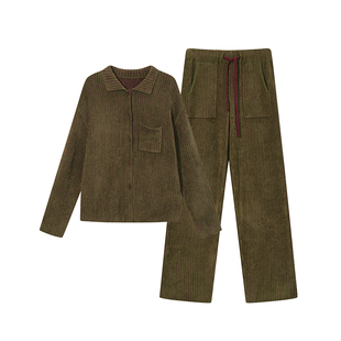 FyseaWinter丝绒绿条纹薄绒家居服套装天鹅绒睡衣保暖女26秋冬
