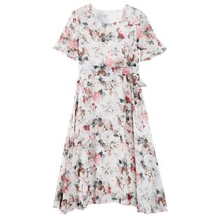 短袖雪纺连衣裙女夏2025新款收腰显瘦修身气质长款碎花裙大码长裙