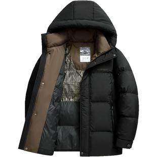 雪中飞羽绒服男短款连帽时尚拼色暗花冬季外套加厚保暖防寒面包服