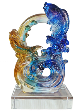鱼跃龙门古法琉璃双鱼戏水摆件