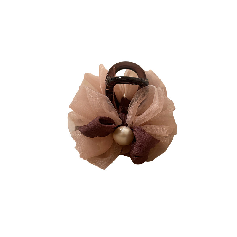 超仙温柔网纱蝴蝶结抓夹高级感珍珠后脑勺盘发鲨鱼夹中号发夹头饰